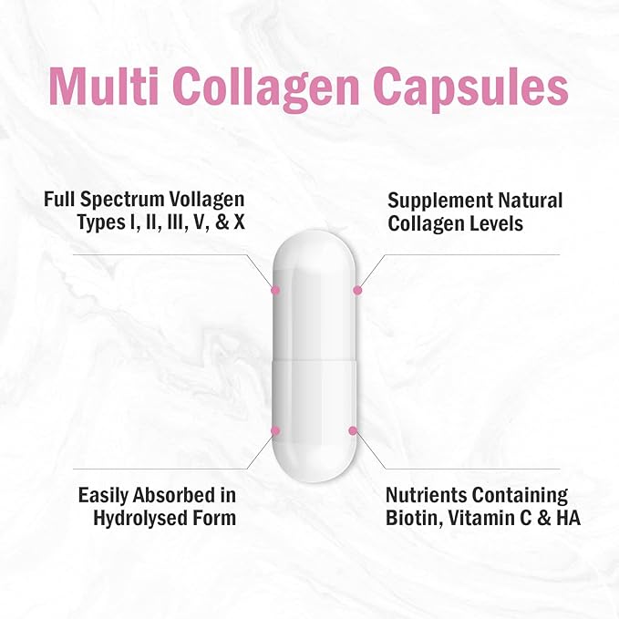 Multi Collagen Capsules for Women & Men - Hydrolyzed Collagen Type I, II, III, V, X, Hydrolyzed Collagen Supplements for Hair, Skin, Nail & Joint Support, Non-GMO - 180 Capsules