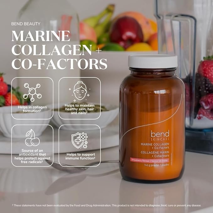Bend Beauty Marine Collagen + Co-Factors | Strawberry Flavored Collagen Powder | Hydrolyzed Collagen Supplement | Fish Collagen Peptides + Silicon + Vitamin C | Supports Healthy Skin, Hair & Nails