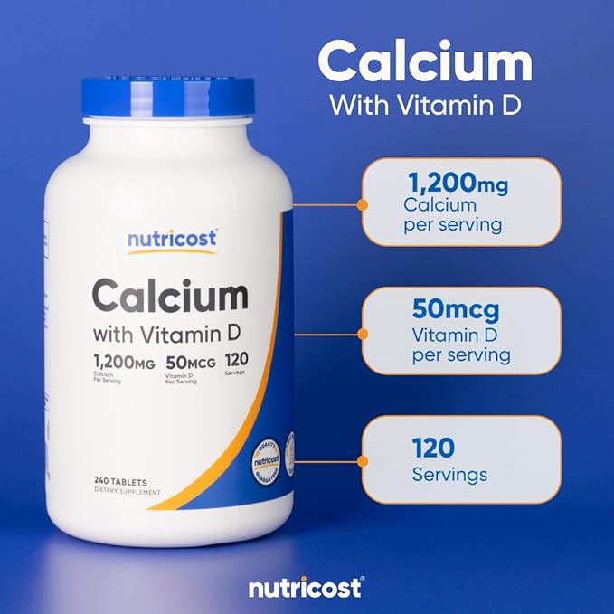 Nutricost Calcium with Vitamin D, 240 Tablets - Calcium (1200mg) Vitamin D (50mcg) Per Serving - Non-GMO, Gluten Free