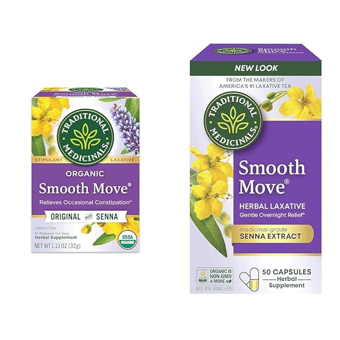 Traditional Medicinals Tea, Organic Smooth Move, Relieves Occasional Constipation, Senna, 16 Tea Bags + Smooth Move Senna Laxative Capsules, Natural Herbal Constipation Relief, 50 Capsules (Pack of 1)