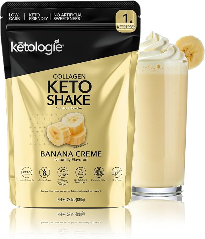 Keto Collagen Shake (Banana Creme) - with Coconut Oil, Prebiotics, Grass Fed Hydrolyzed Collagen Peptides Type I & III, Low Carb, Gluten Free,1.78lbs.