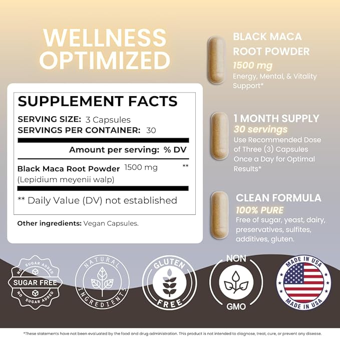 Black Maca Root Supplement - 90 Vegan Maca Root Capsules for Energy Support, Mood Balance, Mental Focus, Memory Enhancement