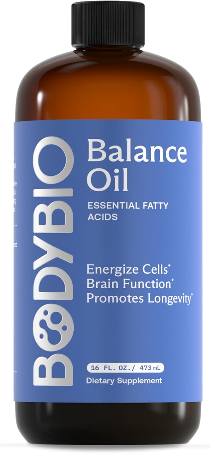BodyBio Balance Oil - Essential Fatty Acids Omega 3 & 6 - Cold Pressed, Vegan, Organic Safflower and Flax Seed Oil Blend for Brain & Mood Support and Cellular Health, 16 oz
