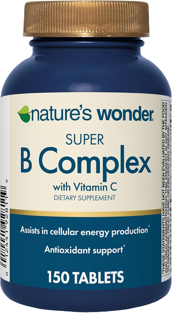 Nature's Wonder Super B Complex with Vitamin C, Vitamin B12, & Folic Acid – Supports Energy Metabolism, Immune Function, Nervous System, Skin & Muscle Health, 150 Tablets