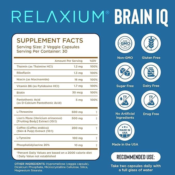 BrainIQ Nootropic Brain Supplements for Memory and Focus | Memory Supplement for Brain Health | Cognitive Supplement & Memory Pill with Lion's Mane, L-threonine & Coffee Extract - 60 Count (Pack of 2)