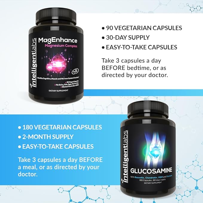 Intelligent Labs 2-in-1 Bundle of MagEnhance Triple Magnesium Complex (Magnesium Threonate Supplement with Mg Taurate and Mg Glycinate) + Glucosamine and Chondroitin Joint Care Complex with MSM