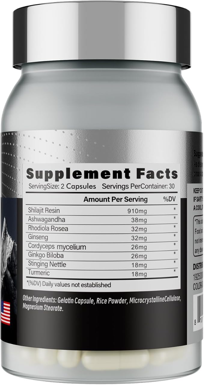 Shilajit for Men Women Pure Himalayan Shilajit Resin Containing Fulvic Acid, 8-in-1 with Ashwagandha Rhodiola Rosea Ginseng, Supports Energy Mental Clarity Focus, 120 Capsules / 2 Packs