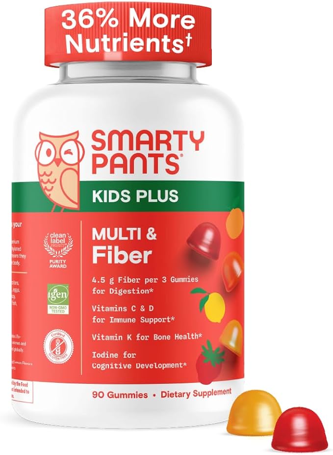 SmartyPants Kids Multivitamin & Fiber Gummies: Prebiotic Fiber to Support Kids Digestion with Vitamin D3, C, Vitamin B12, B6, A, Zinc, Biotin, Folate, Three Fruit Flavors, 90 Count (30 Day Supply)