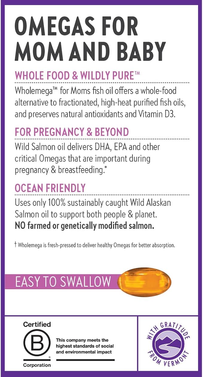 New Chapter Wholemega for Moms Fish Oil Supplement - Prenatal DHA with Omega-3 + Vitamin D3 for Prenatal & Postnatal Support - 90 ct, 500mg Softgels