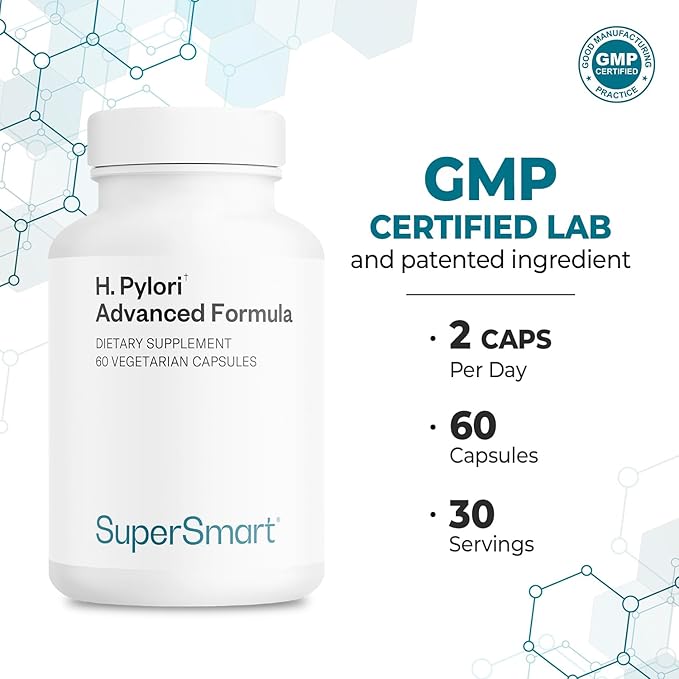 Supersmart H. Pylori Advanced Formula (Mastic Gum, Probiotics & Prebiotic) - Complete Action | Made in USA | Non-GMO & Gluten Free - 60 Vegetarian Capsules