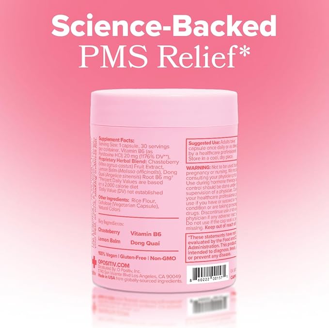 O Positiv FLO PMS Vitamins for Women, 30 Servings (Pack of 2) - Proactive PMS Relief - Targets Hormonal Breakouts, Bloating, Cramps, & Mood Swings with Chasteberry, Vitamin B6, & Lemon Balm