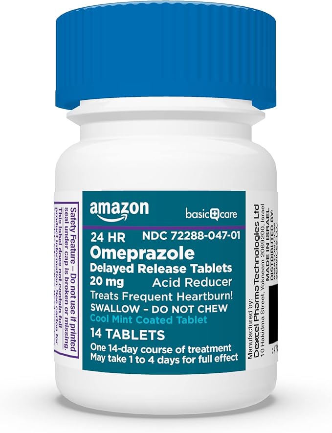 Amazon Basic Care Omeprazole Delayed Release Tablets 20 mg, Cool Mint, Acid Reducer, Treats Frequent Heartburn, 14 Count