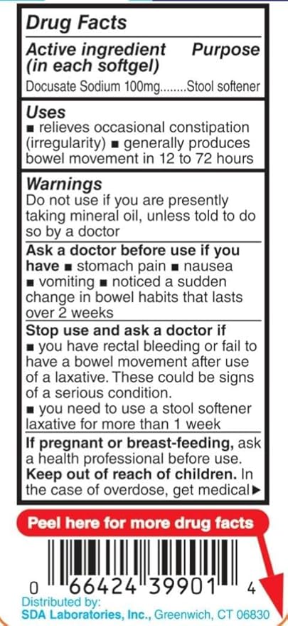 SDA Laboratories Docusate Sodium 100 mg Stool Softener, Fast-Acting Relief from Occasional Constipation for Easier Bowel Movements, 100 Softgels (1 Bottle)