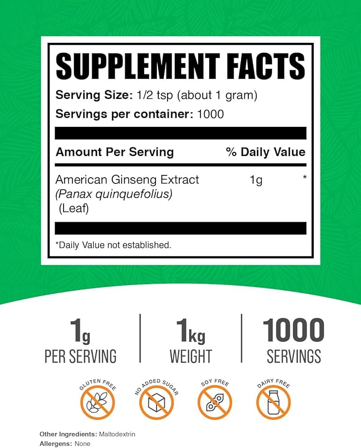 BulkSupplements.com American Ginseng Extract Powder - Ginseng Supplement, Herbal Supplements - Gluten Free, 1g per Serving, 5kg (11 lbs) (Pack of 5)