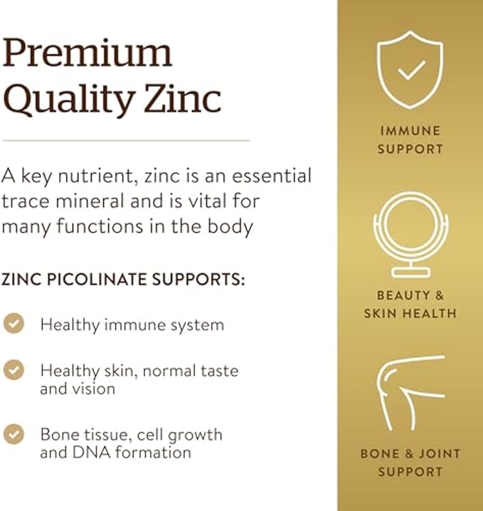 Solgar Zinc Picolinate 22 mg, 100 Tablets - Promotes Healthy Skin - Supports Immune System, Normal Taste & Vision - Antioxidant - Non GMO, Vegan, Gluten Free, Dairy Free, Kosher - 100 Servings
