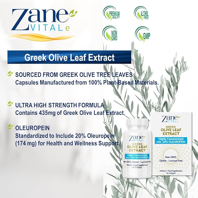 Zane Greek Olive Leaf Extract - min. 20% Oleuropein - Provides Immune and Healthy Blood Pressure Support, Promotes Cardiovascular System Health - 60 Capsules Non-GMO, Gluten - Lactose – Paraben Free