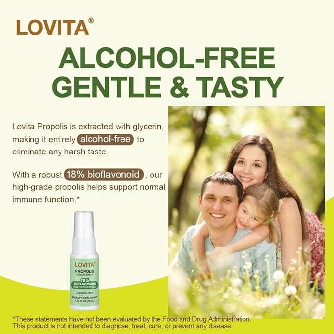 Lovita Propolis Throat Spray, 18% Bioflavonoids, Sore Throat Relief, Alcohol-Free, Gentle and Tasty, 1 Fl Oz