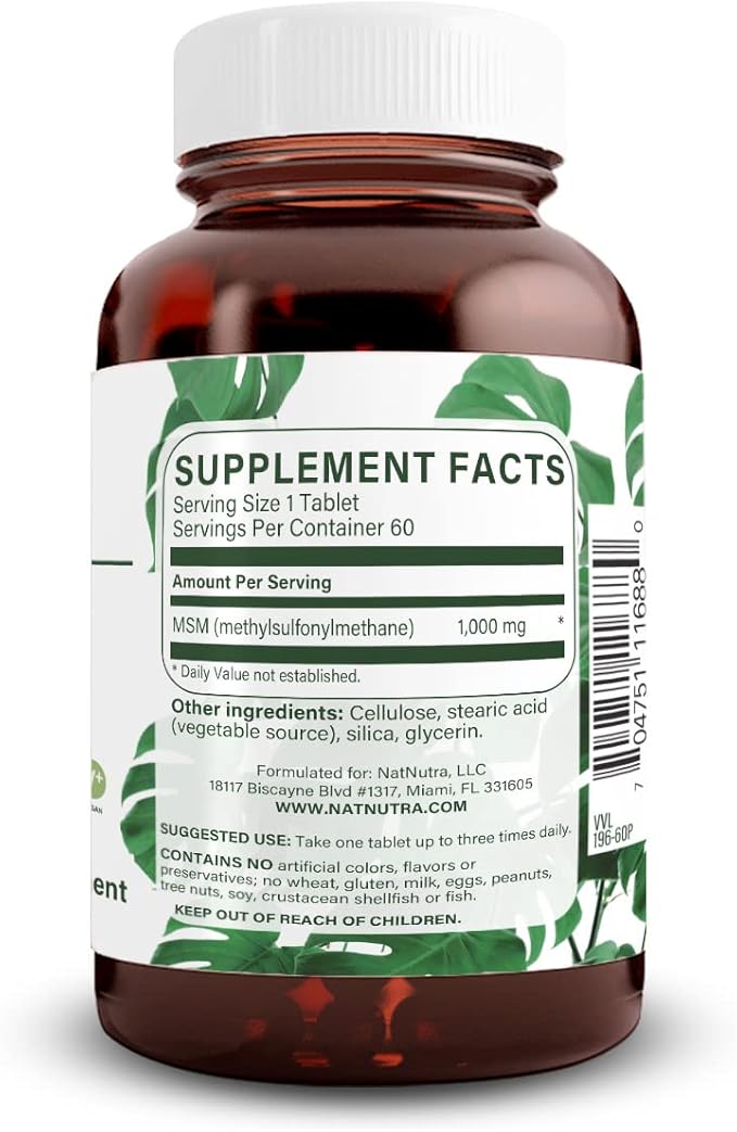 Natural Nutra OptiMSM, MSM Supplement with Sulfur, Prevent Thinning Hair, Increase Joint Flexibility and Bone Health, Cartilage Health, Helps Supports Fluid Balance, 1000 mg, (120) Vegan Tablets