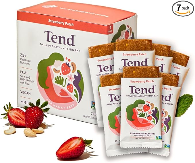 Tend Daily Best Prenatal Vitamin Bar, Made with Organic Ingredients for Pregnant & Postpartum Mothers, Includes DHA, Vitamin D, B, Choline, Folate, Sunflower Lecithin - Strawberry Patch (7ct)