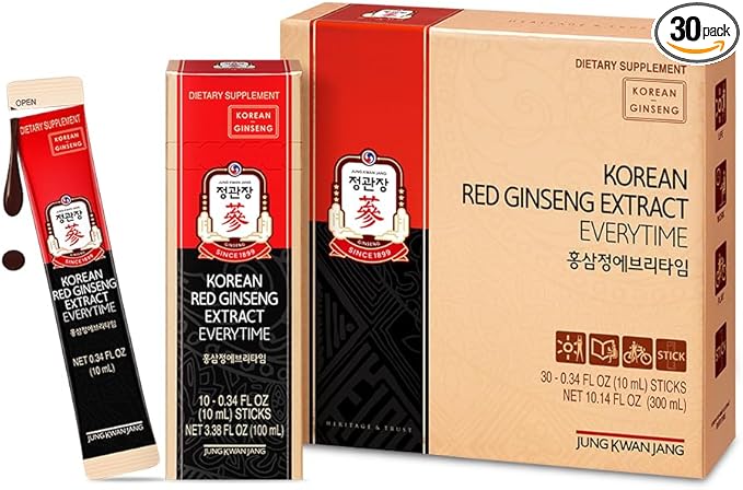 Everytime Korean Red Ginseng Extract 3000mg (Original) - Adaptogen Energy Drink Sugarless Liquid Stick Supplements - Energy Boost & Immune Support, Caffein Free 0.34 Fl Oz (Pack of 30)