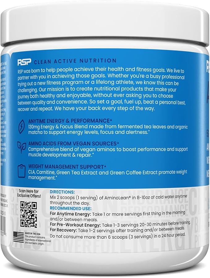 RSP NUTRITION AminoLean Pre Workout Powder, Amino Energy & Weight Management with Vegan BCAA Amino Acids, Natural Caffeine, Preworkout Boost for Men & Women, 30 Serv