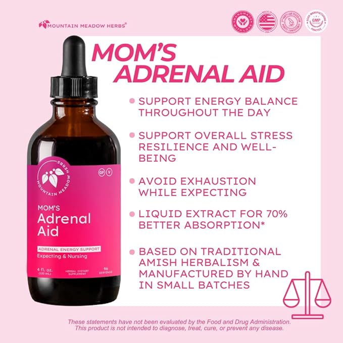 Mountain Meadow Herbs Mom's Adrenal Aid – Liquid Herbal Supplement, Natural Adrenal Support for Women, Safe for Expecting & Nursing Moms, Boosts Energy, Reduces Fatigue & Supports Hormone Balance 4oz
