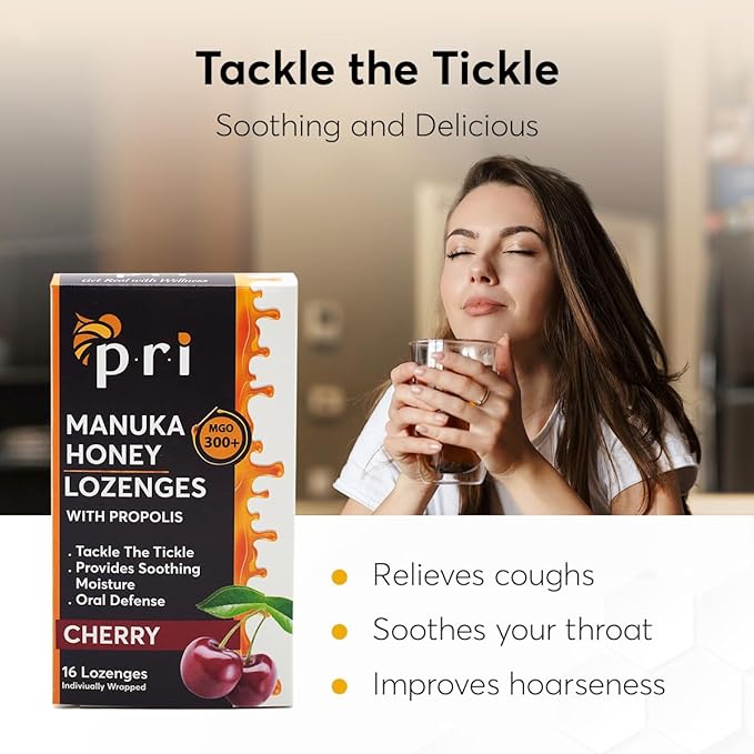 P.R.I Manuka Honey Lozenges with Propolis, Soothing Cough and Throat Drops, MGO 300+ Certified, (Cherry, 16 Count)