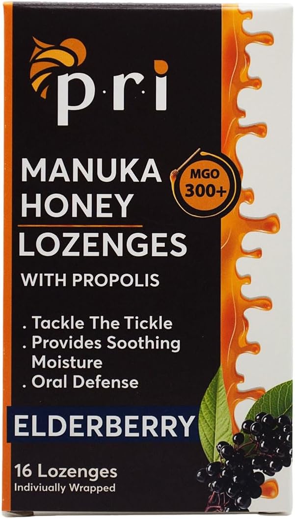 P.R.I Manuka Honey Lozenges with Propolis, Soothing Cough and Throat Drops, MGO 300+ Certified, (Elderberry, 16 Count)