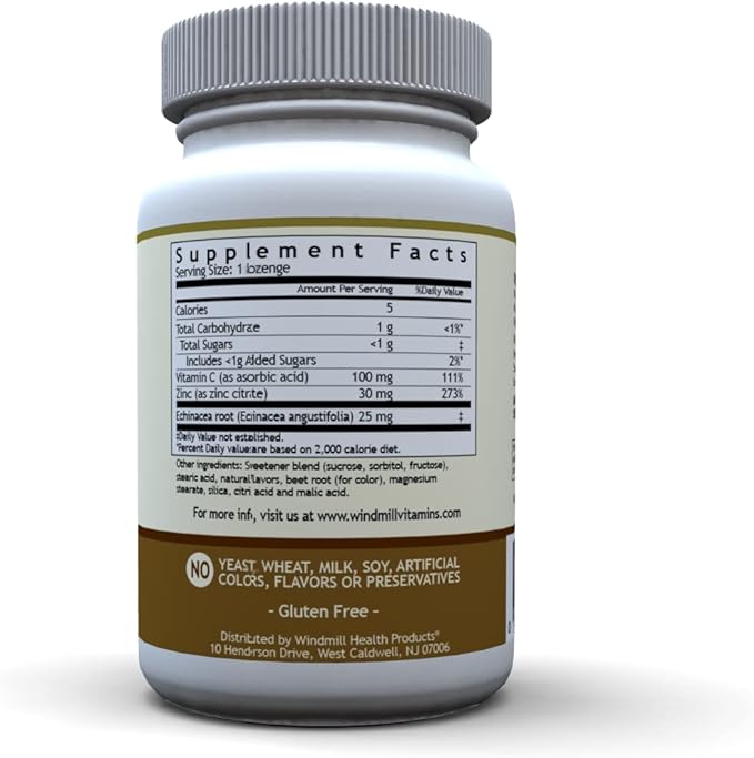 Windmill Health Products Zinc Lozenges, Immune Booster, with Echinacea and Vitamin C, 60 Lozenges, 60 Count