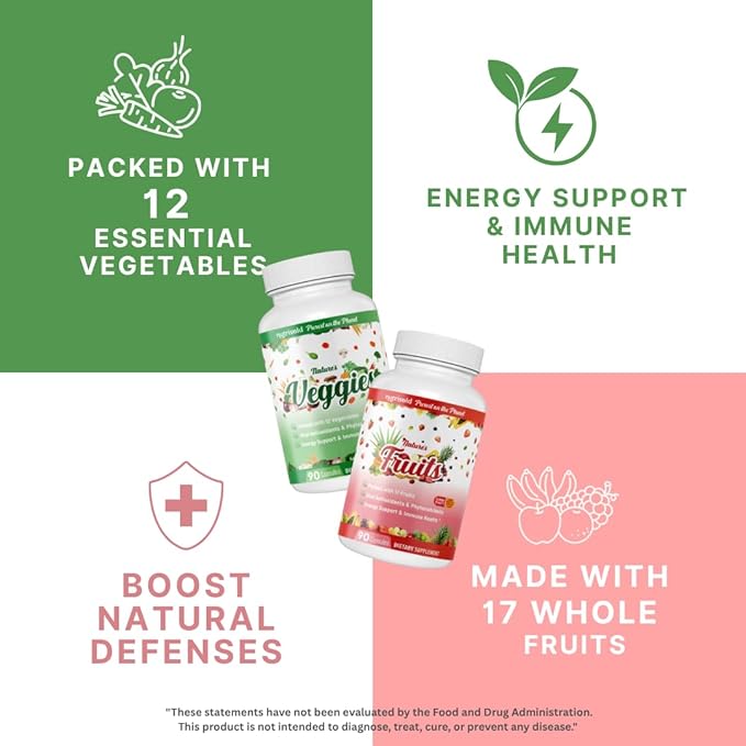 Whole Food Fruits & Vegetables Supplement – Superfood Blend for Energy, Digestion & Immune Support – 90 Fruit & 90 Veggie Capsules – Made in USA