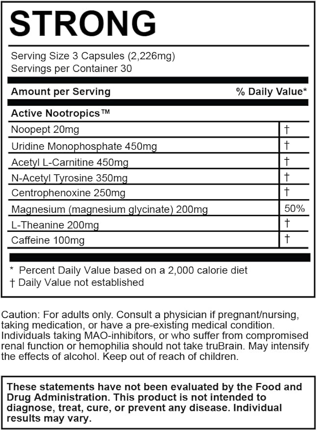 TruBrain Nootropic Capsules - Focus, Energy, Clarity. Fast Absorbing Nootropics Capsules | Brain Boosters | Improve Memory | Stop Procrastination (Strong)