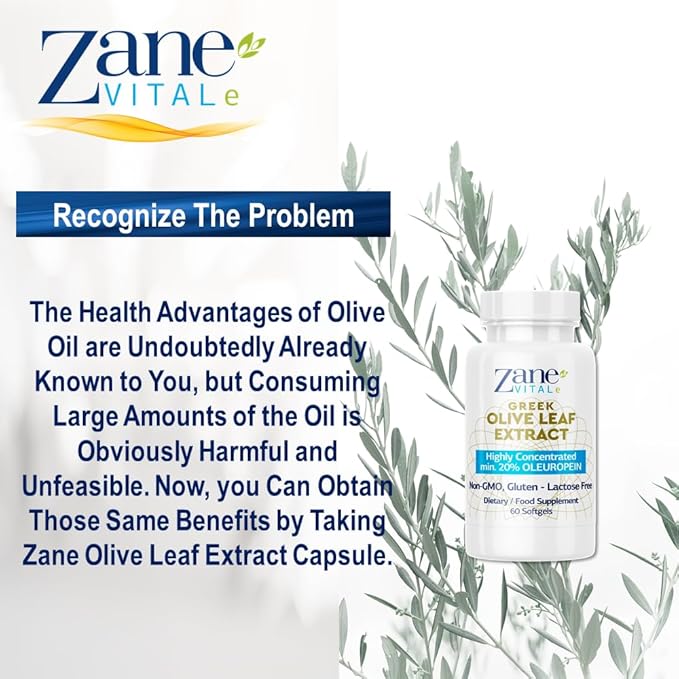Zane Greek Olive Leaf Extract - min. 20% Oleuropein - Provides Immune and Healthy Blood Pressure Support, Promotes Cardiovascular System Health - 60 Capsules Non-GMO, Gluten - Lactose – Paraben Free