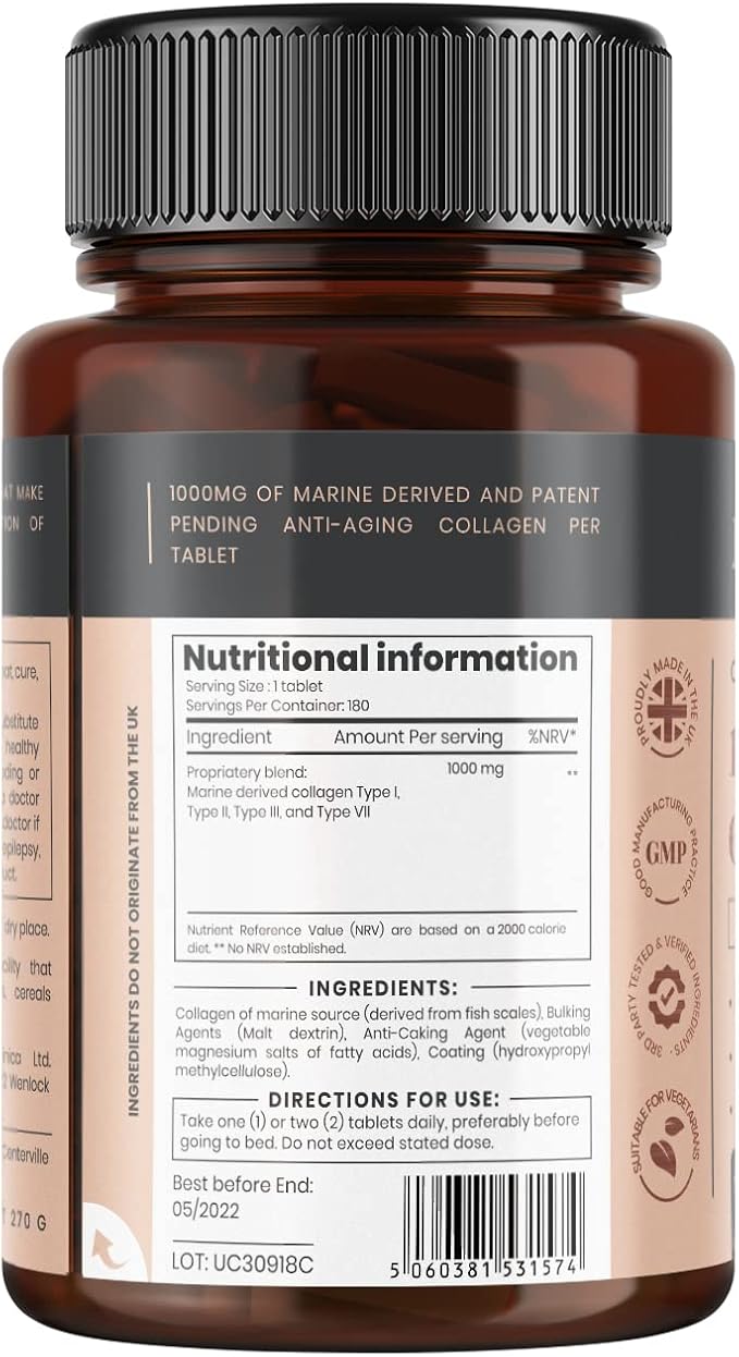 pureclinica UltraColl Marine Collagen 1000mg x 360 Tablets (2 Bottles of 180 Tablets - 6 Months Supply). The only Patented Anti-Aging Collagen Types I, II, III, and VII