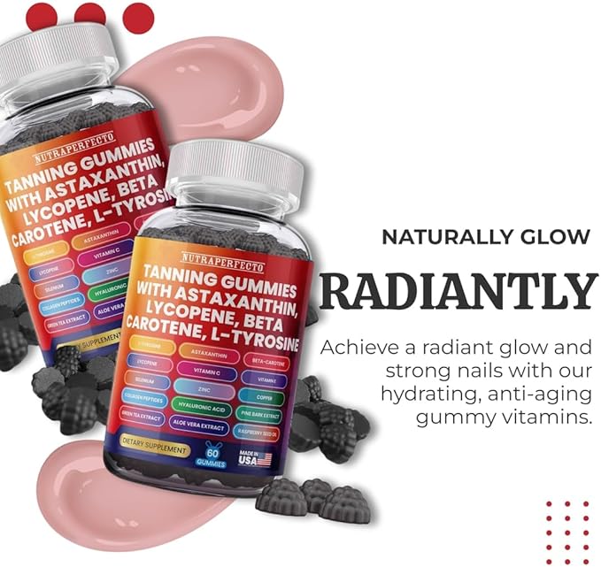 Sugar Free Tanning Gummies Glowing Skin and Strong Nails Gummies – Hydration, Collagen, Biotin, Vitamin C, Anti-Aging, UV Protection, and Natural Glow for Healthy Skin, Nails, and Radiant Complexion
