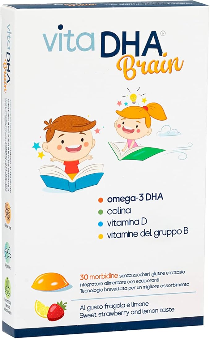 VitaDHA Brain Omega 3 for Kids 3+ IFOS Certified (60 Jellies) - No Fishy Aftertaste, Sugar Free - with Vitamin D3 and B - Strawberry and Lemon Flavour