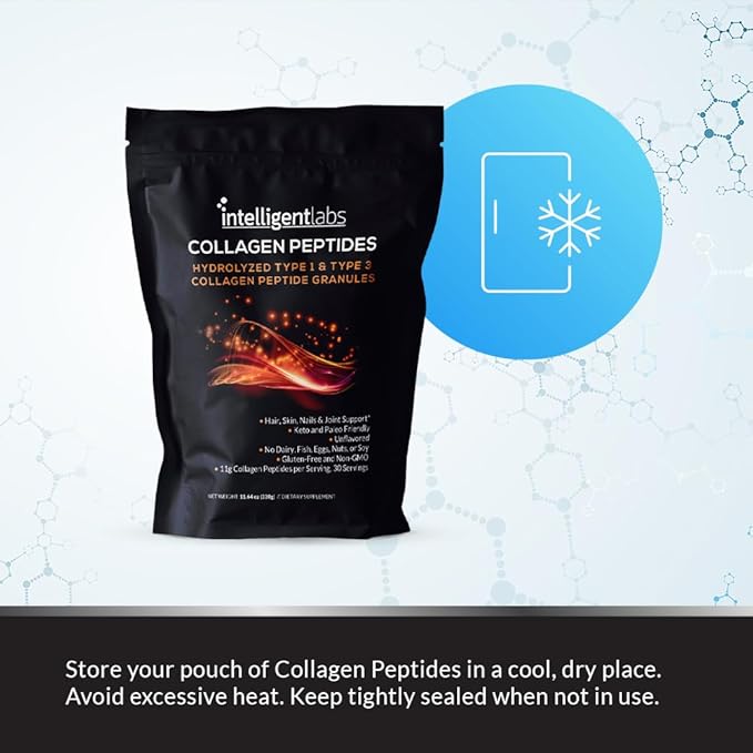 Intelligent Labs Hydrolyzed Type 1 and 3 Collagen Peptide Granules, Collagen Powder Unflavored, Keto and Paleo-Friendly, Third-Party Verified For Purity, 11g per Serving, 30 Servings a Pouch