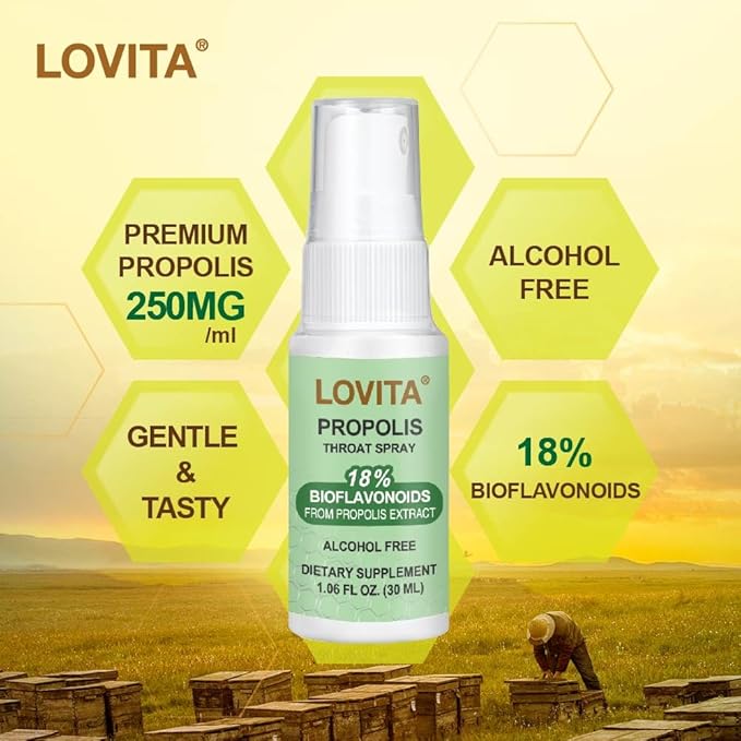 Lovita Propolis Throat Spray, 18% Bioflavonoids, Sore Throat Relief, Alcohol-Free, Gentle and Tasty, 1 Fl Oz