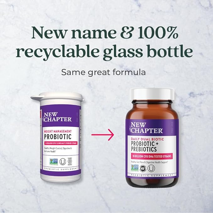 New Chapter Daily Dual Biotic Probiotic + Prebiotic for Digestion & Microbiome Health, 100% Vegan, Soy Free, Non-GMO, 60 Count (2 Month Supply)