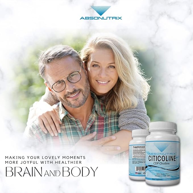 Absonutrix Citicoline CDP Choline 530mg, Nootropic Supplement, GMP Certified, Third-Party Tested, Easy to Swallow, 120 Veg caps, Improves Cognitive Skills, Supports Memory, Non-GMO, Made in USA