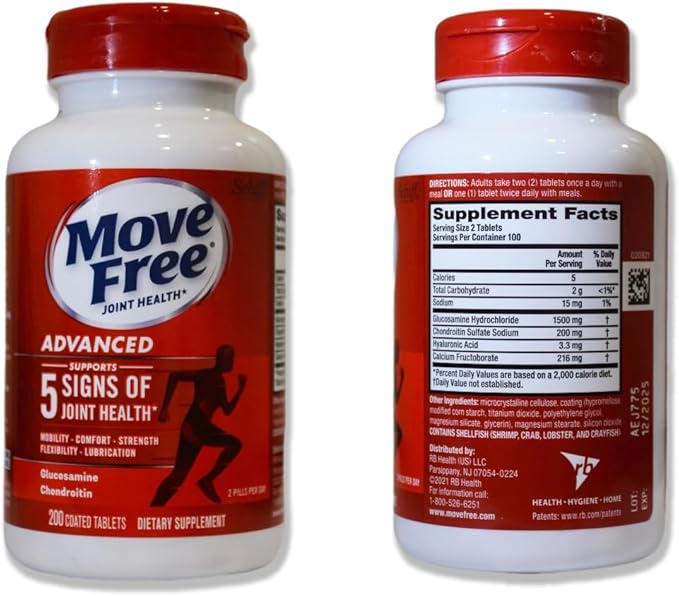 Move Free Advanced Glucosamine Chondroitin + Calcium Fructoborate Joint Support Supplement, Supports Mobility Comfort Strength Flexibility & Lubrication - 200 Tablets (100 Servings)*