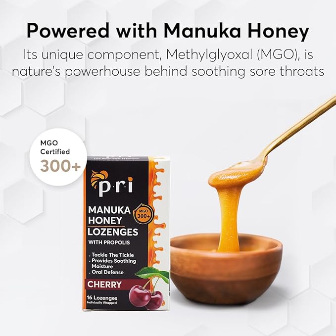 P.R.I Manuka Honey Lozenges with Propolis, Soothing Cough and Throat Drops, MGO 300+ Certified, (Cherry, 16 Count)