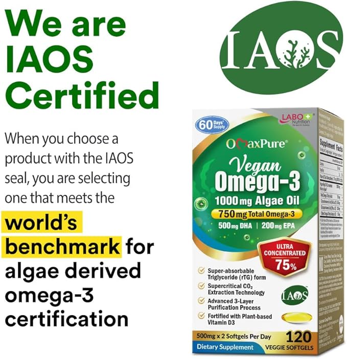 LABO Nutrition Vegan Omega 3 Algae Oil - Plant Based Fish Oil Alternative 750mg Omega-3 500mg DHA & 200mg EPA - Non-GMO & IAOS Certified - Heart, Brain, Eye, Immune, Joint Support 120 Softgels