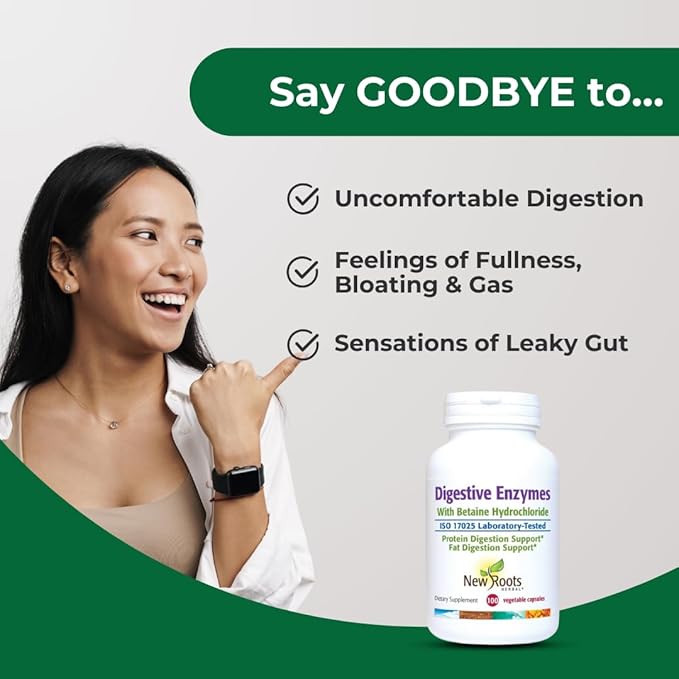 New Roots | Digestive Enzymes with Ox Bile + Betaine Hydrochloride Supplement | Betaine HCL with Pepsin and Papain (100 Capsules) for Fast Nutrient Absorption and Bloating Comfort