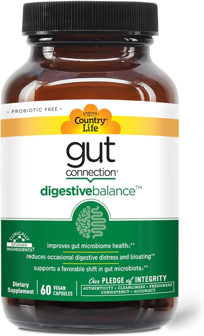 Country Life Gut Connection Digestive Balance – Prebiotic & Digestive Enzyme Supplement for Gut Health, Bloating Relief, and Improved Bowel Movements – Gluten-Free, Vegan, Non-GMO, 60 Capsules