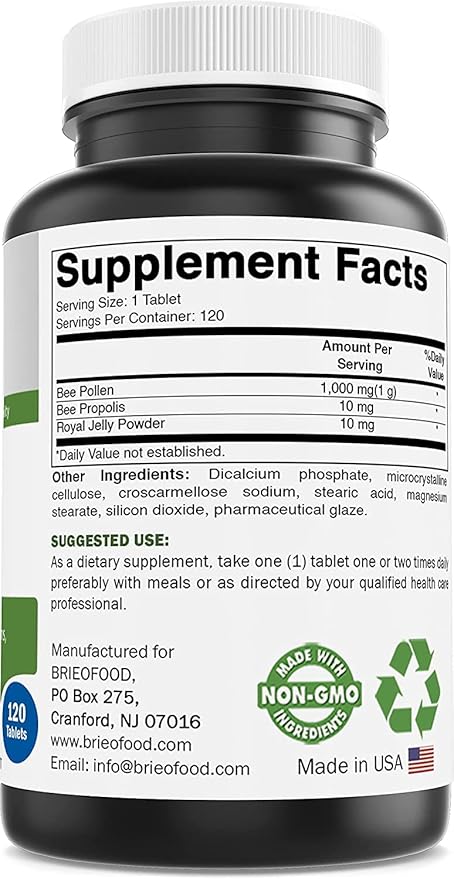 Brieofood Bee Pollen Complex 1000 mg 120 Tablets - Made with Bee Pollen, Bee Propolis, & Royal Jelly Powder