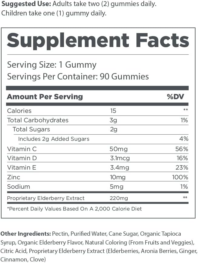 Extra Strength Elderberry Gummies + Aronia Berries with Vitamins C, D,E and Zinc for All-Natural Immune Support, No Artificial Ingredients (60 Count)