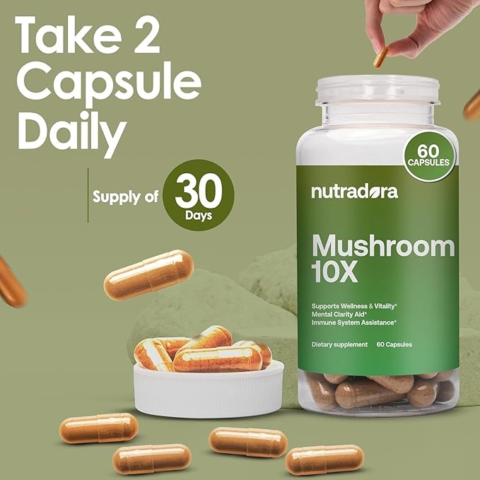 Mushroom Supplement -10 Mushrooms Blend, Reishi, Lions Mane, Cordyceps, Chaga, Turkey Tail, Maitake, Shiitake, Chaga, Nootropic Complex