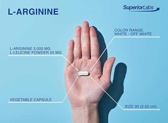 Superior Labs – Pure L-Arginine – Free Form – Optimal 3,000mg Dosage – 150 Vegetable Capsules – Supports Vasodilation, Energy Production and Cardiovascular Health