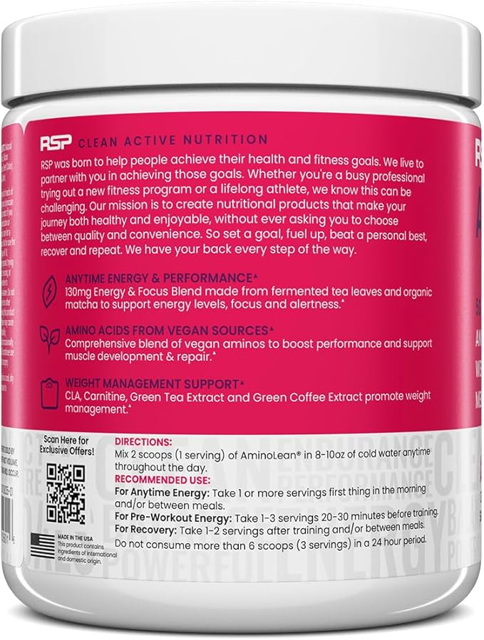 RSP NUTRITION AminoLean Pre Workout Powder, Amino Energy & Weight Management with Vegan BCAA Amino Acids, Natural Caffeine, Preworkout Boost for Men & Women, 30 Serv