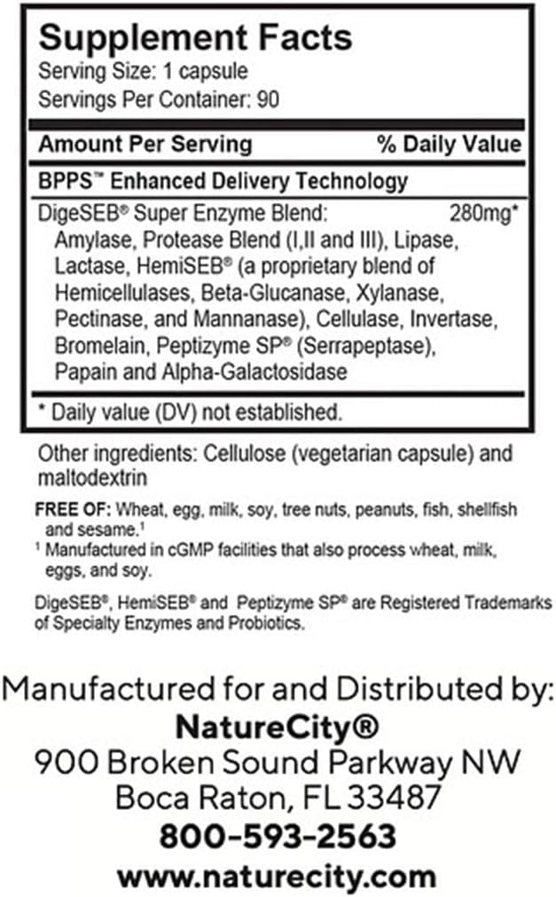 NatureCity True-EZ-D Non-GMO Digestive Enzyme Complex Supplement for Digestive Health and Bloating Relief for Men and Women (90 Veggie Capsules) Super Enzymes